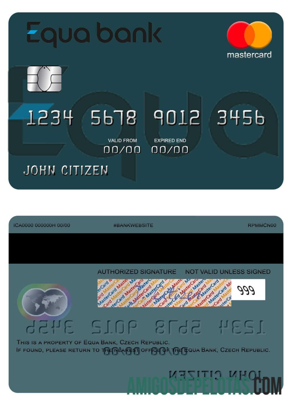 Cartão Tcheco Equa Bank Mastercard amostra